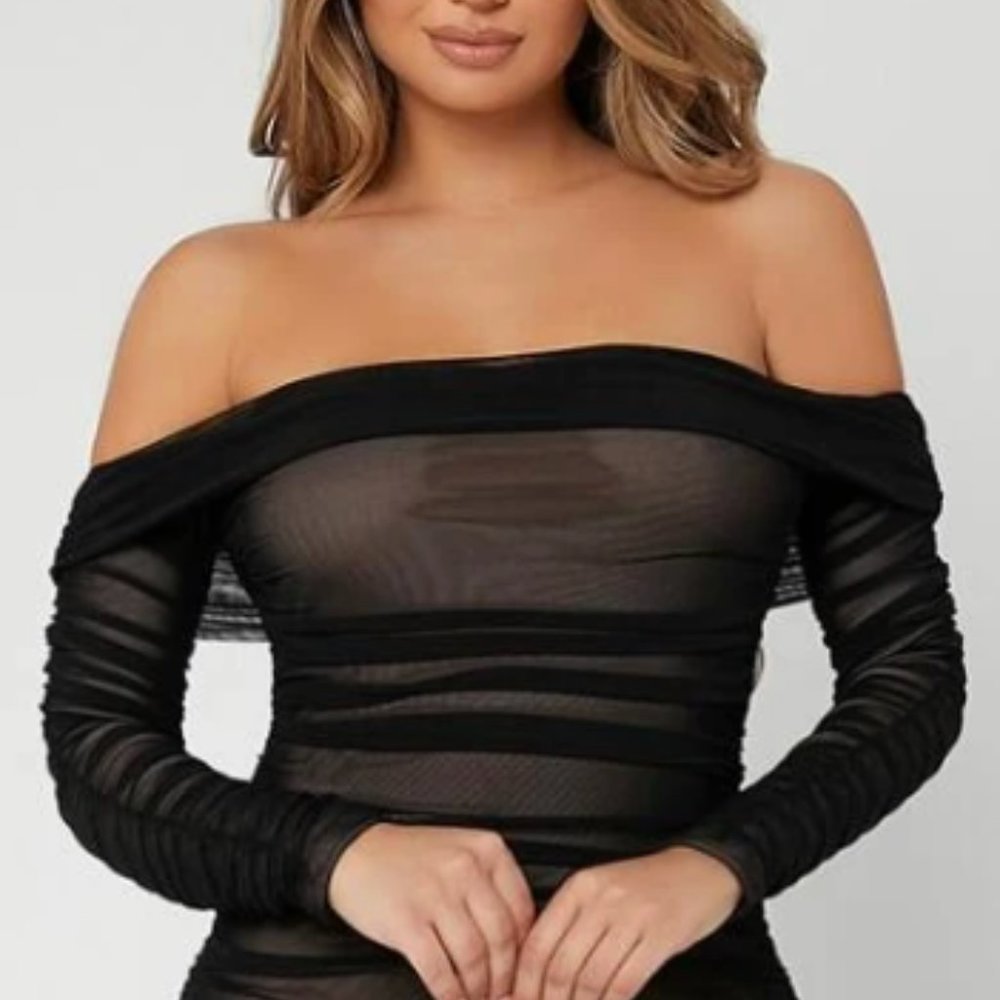 Ruched Off Shoulder Mesh Black Top